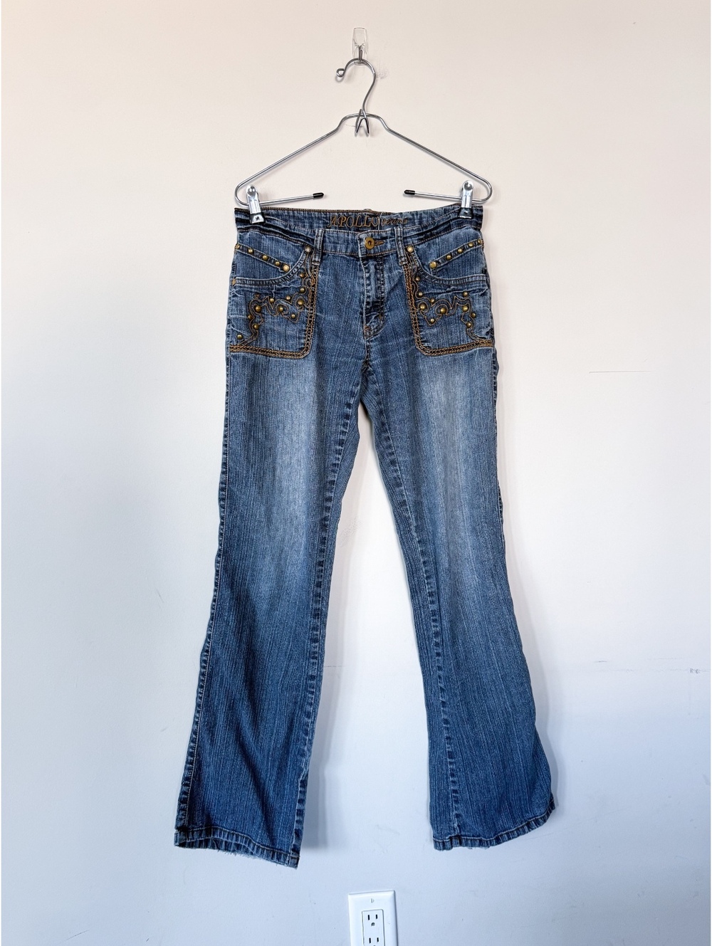 Y2K Low Rise Medium Wash Apollo Embellished Denim Jeans Flare Vintage VTG